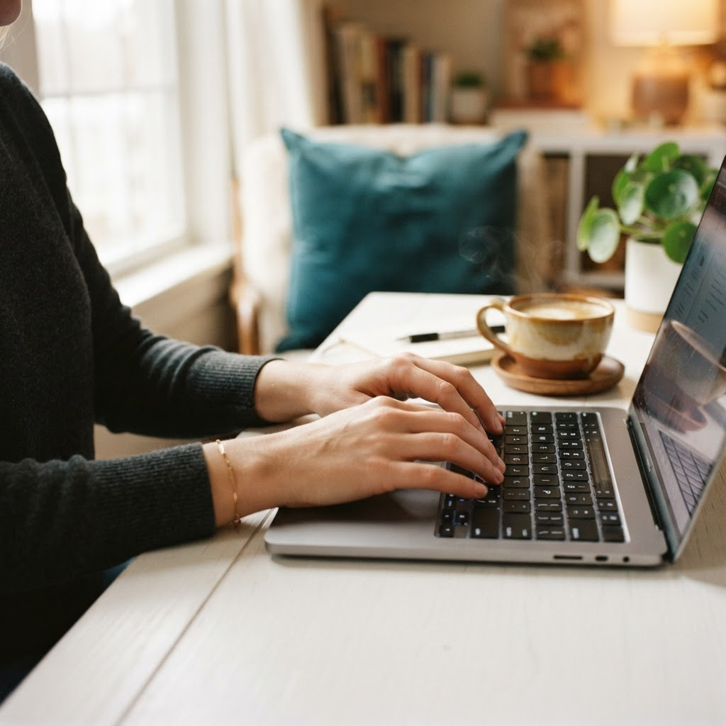 Person working on a laptop at a clean desk, representing the remote work setting the course prepares you for