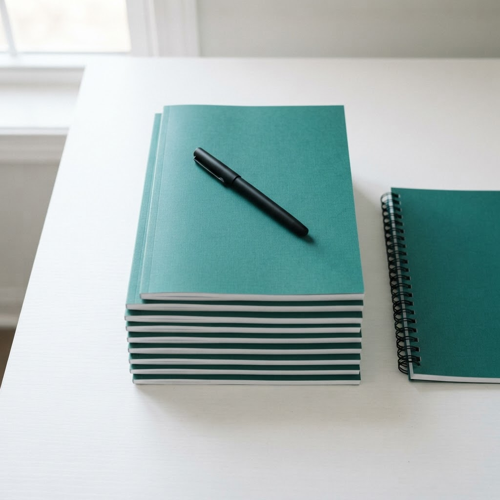 Stack of educational workbooks and PDF guide representing the course materials