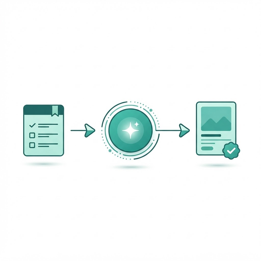 Illustration of the three-step listing workflow: brief, AI-assisted draft, polished output